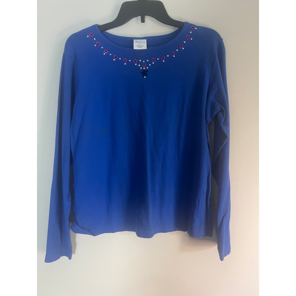 Westbound Womens Royal Blue Rhinestone Floral Long Sleeve Top L